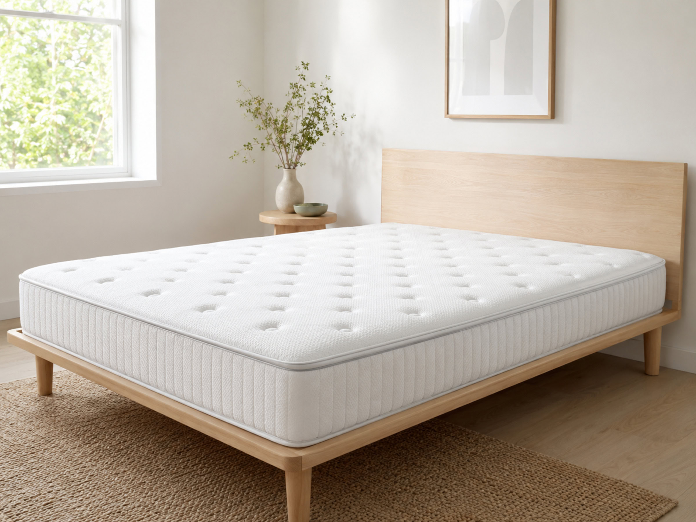 A bare mattress on a wooden bed frame in a bright, airy bedroom at morning